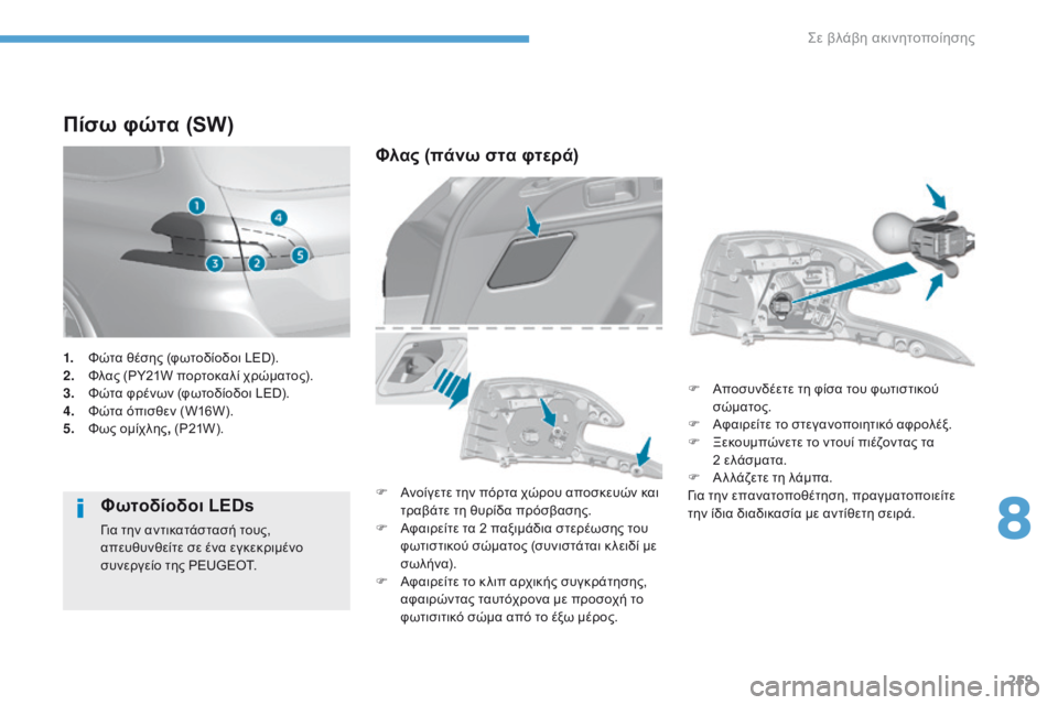Peugeot 308 2017  Εγχειρίδιο χρήσης (in Greek) 259
308_el_Chap08_En-cas-de-panne_ed01-2016
Πίσω φώτα (SW)
Φωτοδίοδοι LEDs
Για την αντικατάστασή τους, 
απευθυνθείτε σε ένα εγκεκριμέ