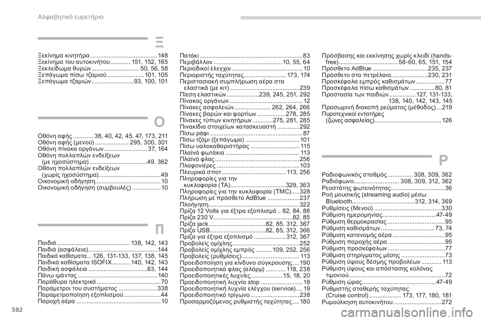 Peugeot 308 2017 Εγχειρίδιο χρήσης (in Greek) 382
308_el_Chap11_index-alpha_ed01-2016
Πατάκι .............................................................83
Περιβάλλον ......................................... 10, 55, 64
Περι Peugeot 308 2017 Εγχειρίδιο χρήσης (in Greek) 382
308_el_Chap11_index-alpha_ed01-2016
Πατάκι .............................................................83
Περιβάλλον ......................................... 10, 55, 64
Περι