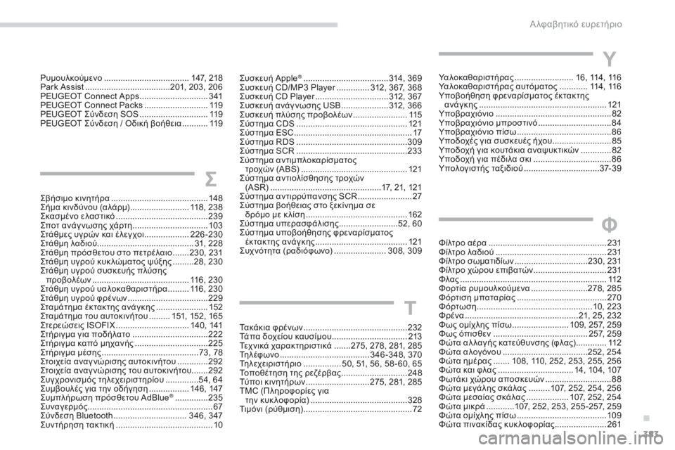 Peugeot 308 2017 Εγχειρίδιο χρήσης (in Greek) 383
308_el_Chap11_index-alpha_ed01-2016
Συσκευή Apple® .................................... 314, 369
Συσκευή CD/MP3 Player .............. 3 12, 367, 368
Συσκευή CD Player
.... Peugeot 308 2017 Εγχειρίδιο χρήσης (in Greek) 383
308_el_Chap11_index-alpha_ed01-2016
Συσκευή Apple® .................................... 314, 369
Συσκευή CD/MP3 Player .............. 3 12, 367, 368
Συσκευή CD Player
....