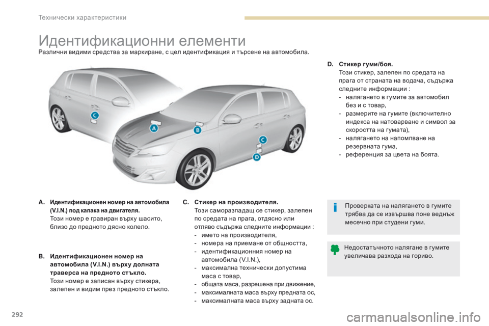 Peugeot 308 2017  Ръководство за експлоатация (in Bulgarian) 292
308_bg_Chap09_caracteristiques-techniques_ed01-2016
Идентификационни елементиРазлични видими средства за маркиране, с цел иденти