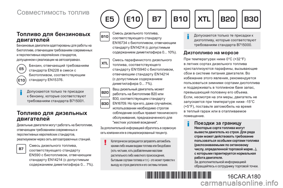 Peugeot 308 2017 Инструкция по эксплуатации (in Russian) Т о п л и в о д л я б е н з и н о в ы х
двигателей
Бензиновые двигатели адаптированы для работы на биото Peugeot 308 2017 Инструкция по эксплуатации (in Russian) Т о п л и в о д л я б е н з и н о в ы х
двигателей
Бензиновые двигатели адаптированы для работы на биото