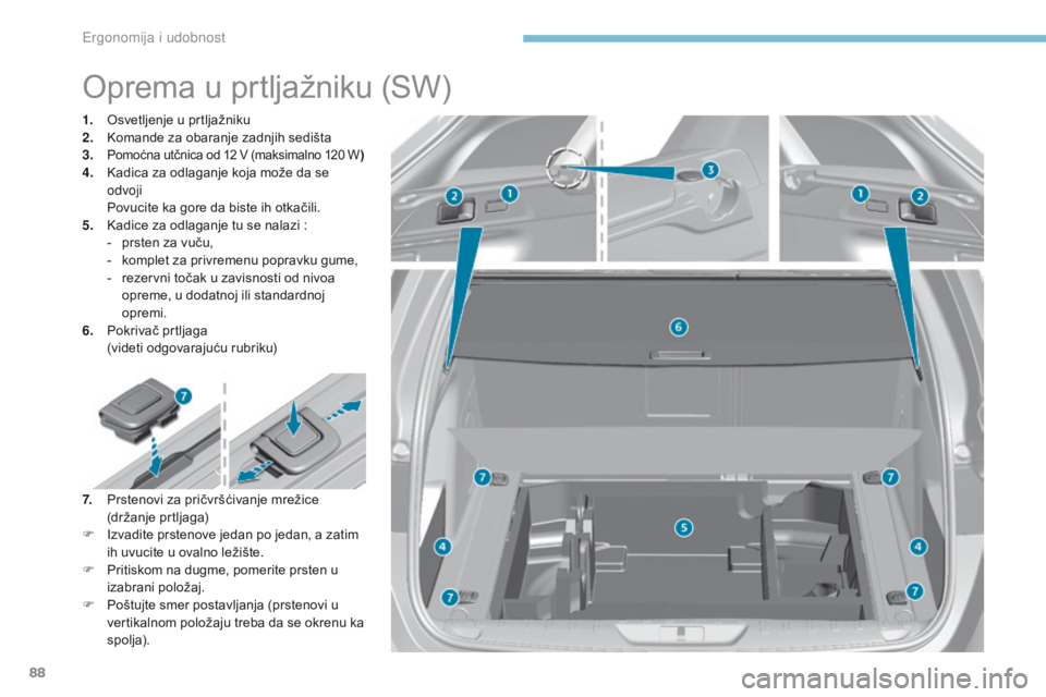 Peugeot 308 2017 Упутство за употребу (in Serbian) 88
308_sr_Chap03_ergonomie-et-confort_ed01-2016
Oprema u prtljažniku (SW)
1. Osvetljenje u prtljažniku
2. Komande za obaranje zadnjih sedišta
3.
Pomoćna utčnica od 12 V (maksimalno 120 W )4. Kad Peugeot 308 2017 Упутство за употребу (in Serbian) 88
308_sr_Chap03_ergonomie-et-confort_ed01-2016
Oprema u prtljažniku (SW)
1. Osvetljenje u prtljažniku
2. Komande za obaranje zadnjih sedišta
3.
Pomoćna utčnica od 12 V (maksimalno 120 W )4. Kad