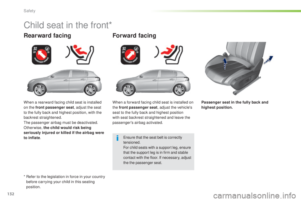 Peugeot 308 2016 Owners Manual 132
308_en_Chap05_securite_ed02-2015
Passenger seat in the fully back and
highest position.
Rearward facing
Child seat in the front*
Forward facing
ensure that the seat belt is correctly
t ensioned. Peugeot 308 2016 Owners Manual 132
308_en_Chap05_securite_ed02-2015
Passenger seat in the fully back and
highest position.
Rearward facing
Child seat in the front*
Forward facing
ensure that the seat belt is correctly
t ensioned.