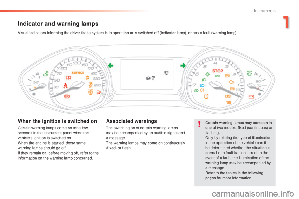 Peugeot 308 2016  Owners Manual 13
308_en_Chap01_instruments-de-bord_ed02-2015
Indicator and warning lamps
Certain warning lamps may come on in 
one of two modes: fixed (continuous) or 
flashing.
Only by relating the type of illumin