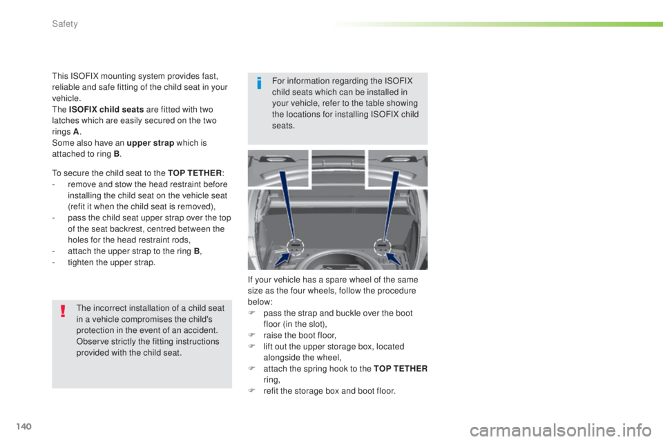 Peugeot 308 2016  Owners Manual 140
308_en_Chap05_securite_ed02-2015
the incorrect installation of a child seat 
i n a vehicle compromises the child's 
protection in the event of an accident.
Observe strictly the fitting instruc