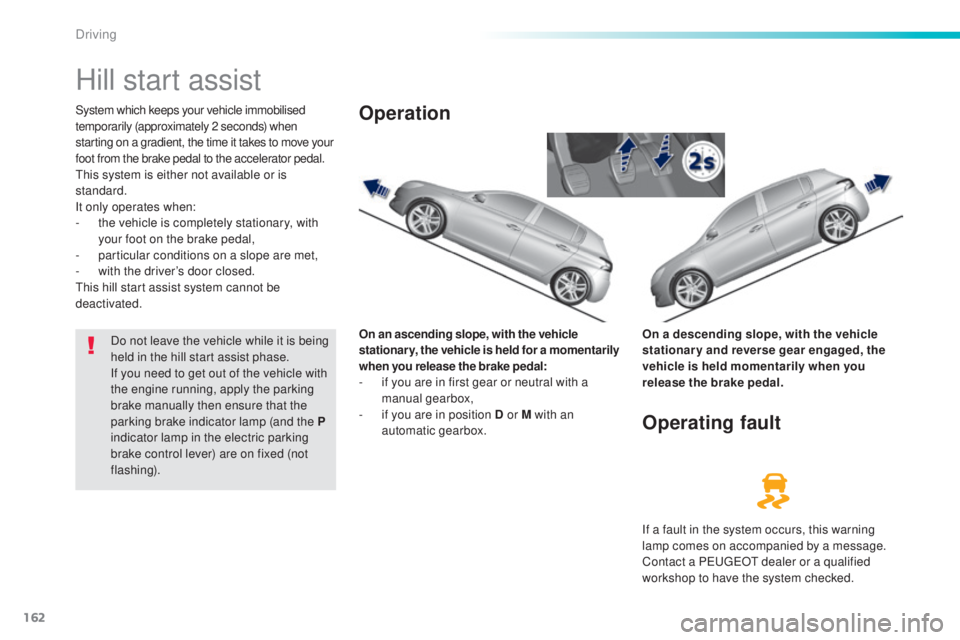 Peugeot 308 2016 Service Manual 162
308_en_Chap06_conduite_ed02-2015
Hill start assist
System which keeps your vehicle immobilised 
temporarily (approximately 2 seconds) when 
starting on a gradient, the time it takes to move your 
