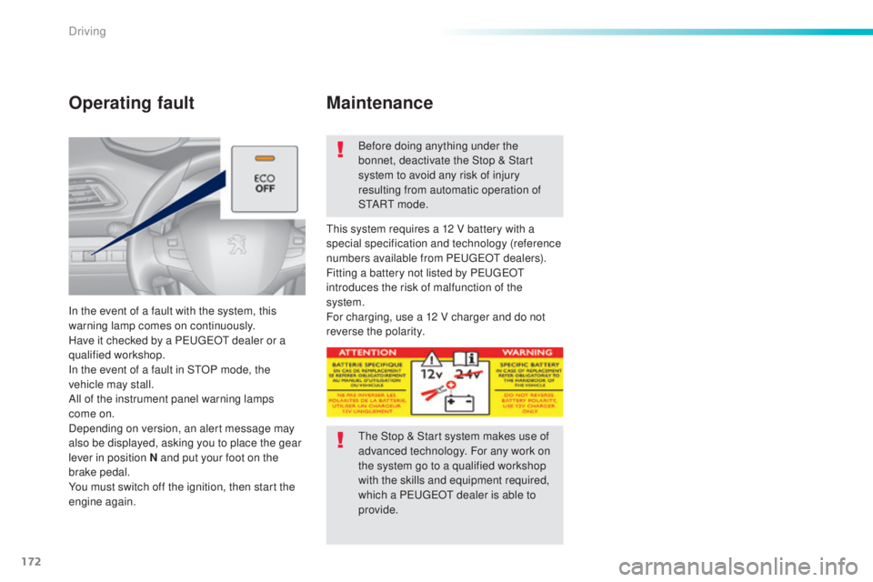 Peugeot 308 2016 Service Manual 172
308_en_Chap06_conduite_ed02-2015
Operating fault
In the event of a fault with the system, this 
warning lamp comes on continuously.
Have it checked by a P
eu
ge
Ot d
 ealer or a 
qualified worksho