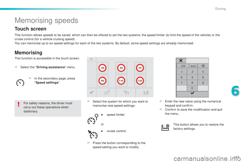Peugeot 308 2016 Owners Manual 173
308_en_Chap06_conduite_ed02-2015
Memorising speeds
Memorising
this function allows speeds to be saved, which can then be offered to set the two systems: the speed limiter (to limit the speed of th Peugeot 308 2016 Owners Manual 173
308_en_Chap06_conduite_ed02-2015
Memorising speeds
Memorising
this function allows speeds to be saved, which can then be offered to set the two systems: the speed limiter (to limit the speed of th