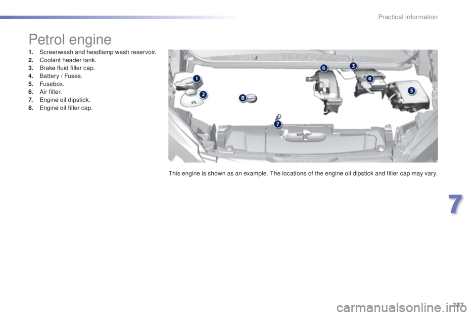 Peugeot 308 2016  Owners Manual 227
308_en_Chap07_info-pratiques_ed02-2015
Petrol engine
1. Screenwash and headlamp wash reservoir.
2. Co olant header tank.
3.
 Br

ake fluid filler cap.
4.
 Ba

ttery / Fuses.
5.
 F

usebox.
6.
 A i