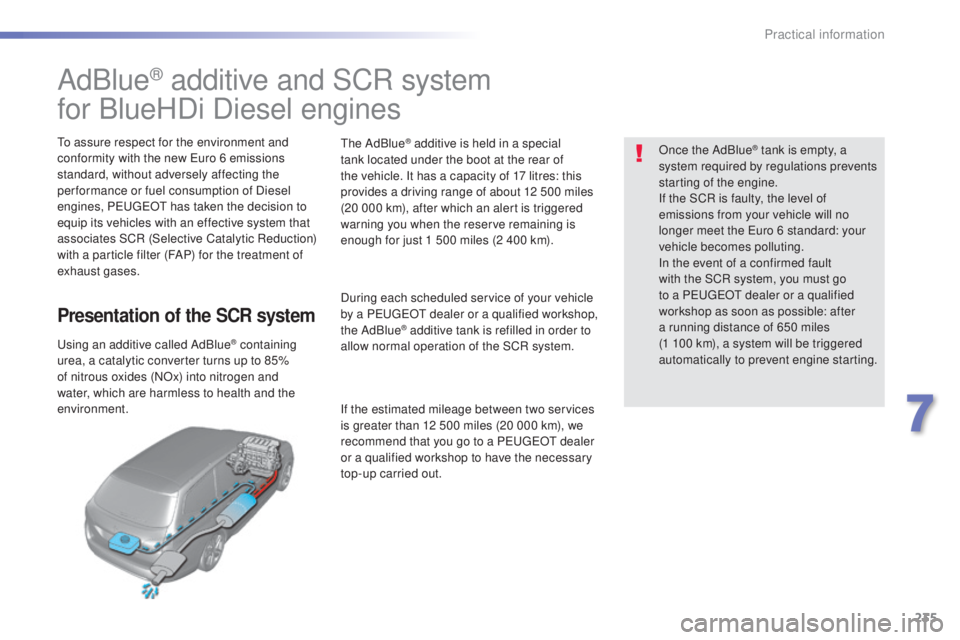Peugeot 308 2016 Owners Manual 235
308_en_Chap07_info-pratiques_ed02-2015
AdBlue® additive and SCR system
for BlueHDi Diesel engines
to assure respect for the environment and
c onformity with the new eur o 6 emissions
standard, Peugeot 308 2016 Owners Manual 235
308_en_Chap07_info-pratiques_ed02-2015
AdBlue® additive and SCR system
for BlueHDi Diesel engines
to assure respect for the environment and
c onformity with the new eur o 6 emissions
standard,
