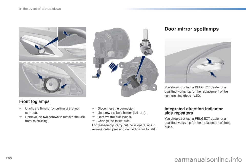 Peugeot 308 2016 Owners Manual 260
308_en_Chap08_en-cas-de-panne_ed02-2015
Integrated direction indicator
side repeaters
You should contact a Peu geOt d ealer or a
qualified workshop for the replacement of these
bulbs. You shoul Peugeot 308 2016 Owners Manual 260
308_en_Chap08_en-cas-de-panne_ed02-2015
Integrated direction indicator
side repeaters
You should contact a Peu geOt d ealer or a
qualified workshop for the replacement of these
bulbs. You shoul