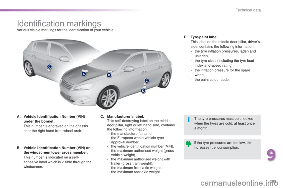 Peugeot 308 2016  Owners Manual 295
308_en_Chap09_caracteristiques-techniques_ed02-2015
Identification markingsVarious visible markings for the identification of your vehicle.
A.
 Ve
hicle Identification Number (VIN) 
under the bonn