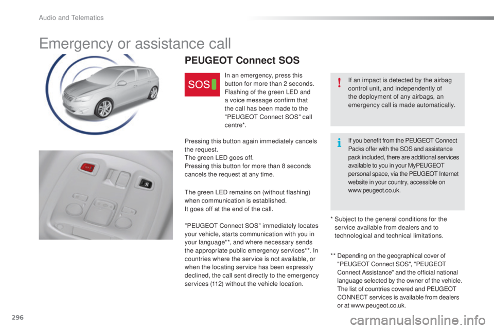 Peugeot 308 2016 Owners Manual 296
308_en_Chap10a_BtA_ed02-2015
emergency or assistance call
If an impact is detected by the airbag
control unit, and independently of
the deployment of any airbags, an
emergency call is made auto Peugeot 308 2016 Owners Manual 296
308_en_Chap10a_BtA_ed02-2015
emergency or assistance call
If an impact is detected by the airbag
control unit, and independently of
the deployment of any airbags, an
emergency call is made auto
