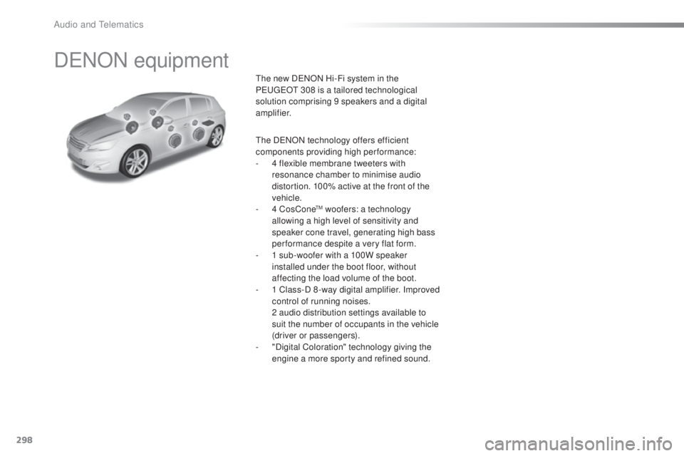 Peugeot 308 2016 Owners Manual 298
308_en_Chap10b_DeNON_ed02-2015
DeNON equipment
the new DeNON Hi-Fi system in the
Peu geOt 3 08 is a tailored technological
solution comprising 9 speakers and a digital
amplifier.
the DeNO
N te Peugeot 308 2016 Owners Manual 298
308_en_Chap10b_DeNON_ed02-2015
DeNON equipment
the new DeNON Hi-Fi system in the
Peu geOt 3 08 is a tailored technological
solution comprising 9 speakers and a digital
amplifier.
the DeNO
N te