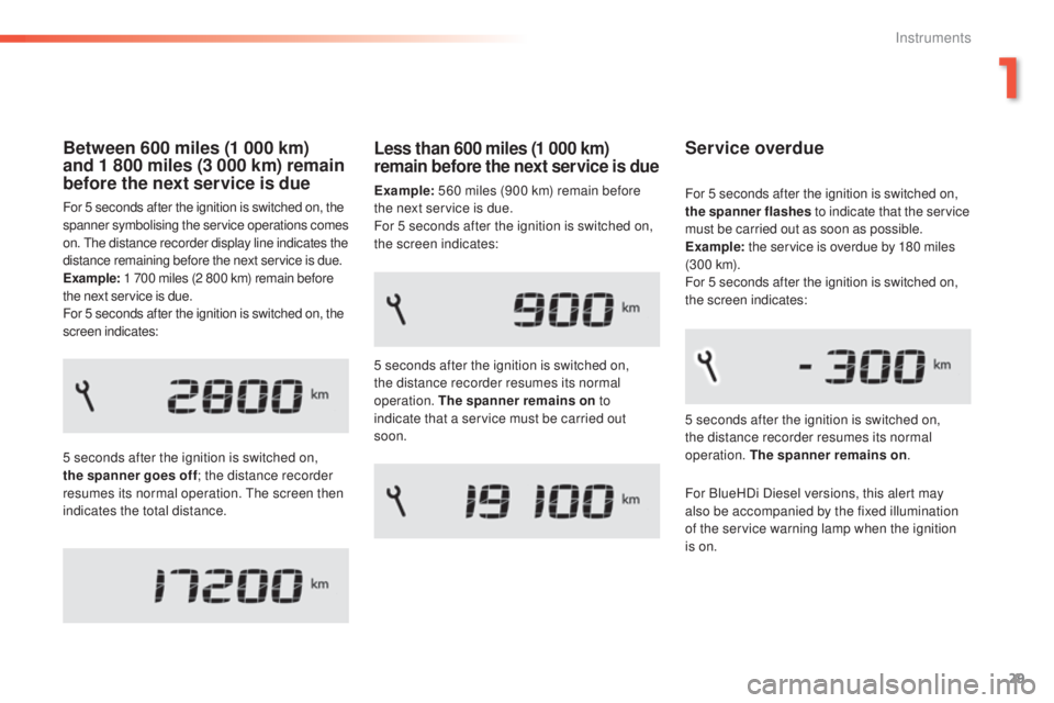Peugeot 308 2016 Owners Guide 29
308_en_Chap01_instruments-de-bord_ed02-2015
Between 600 miles (1 000 km) 
and 1 800 miles (3 000 km) remain 
before the next service is due
For 5 seconds after the ignition is switched on, the 
spa