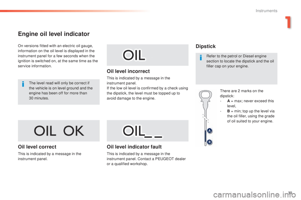 Peugeot 308 2016  Owners Manual 31
308_en_Chap01_instruments-de-bord_ed02-2015
Engine oil level indicator
On versions fitted with an electric oil gauge, 
information on the oil level is displayed in the 
instrument panel for a few s