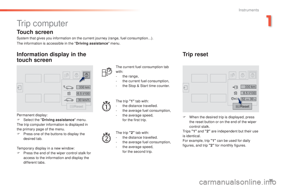 Peugeot 308 2016 Owners Guide 35
308_en_Chap01_instruments-de-bord_ed02-2015
tr i p  c o m p u t e r
System that gives you information on the current journey (range, fuel consumption…).
Information display in the 
touch screen
P