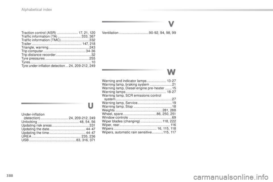 Peugeot 308 2016  Owners Manual 388
308_en_Chap11_index-alpha_ed02-2015
traction control (ASR) ......................1 7, 21, 120tra
ffic information (tA) ........................ 333
, 367
tra

ffic information (
tMC
 )
 ..........