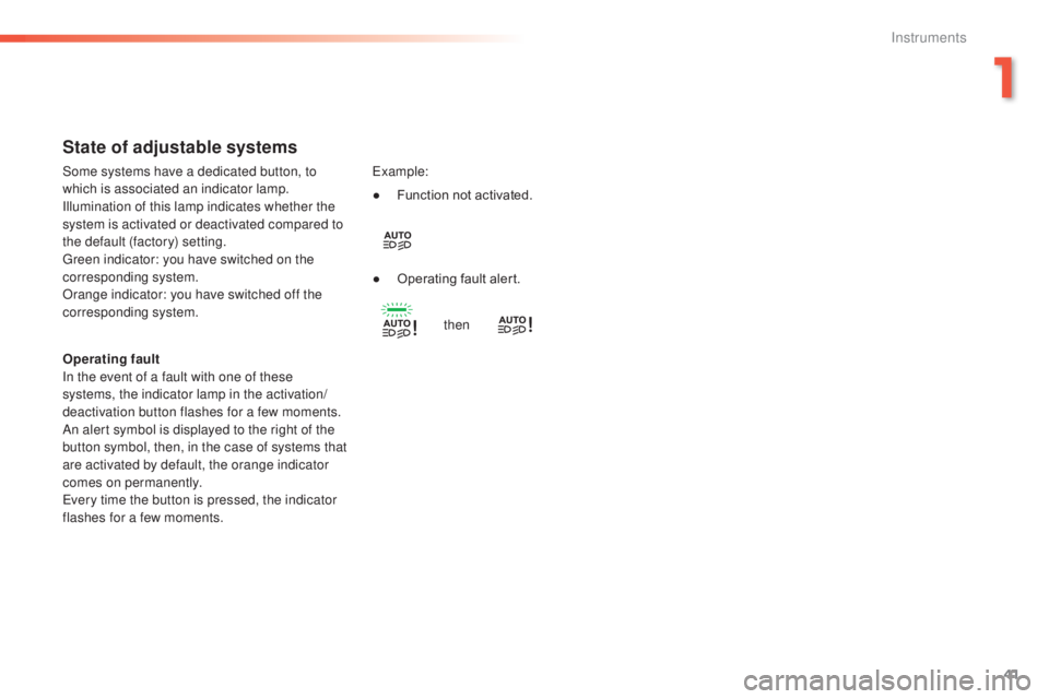 Peugeot 308 2016 Service Manual 41
308_en_Chap01_instruments-de-bord_ed02-2015
State of adjustable systems
Operating fault
In the event of a fault with one of these 
systems, the indicator lamp in the activation/
deactivation button