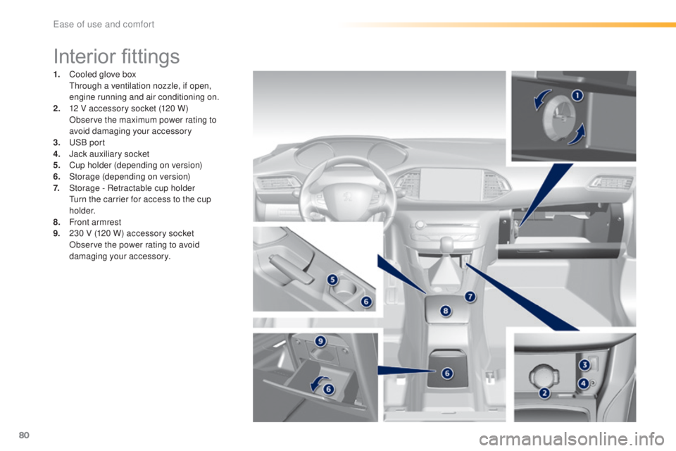 Peugeot 308 2016 Manual Online 80
308_en_Chap03_ergonomie-et-confort_ed02-2015
Interior fittings
1. Cooled glove box  through a ventilation nozzle, if open, 
engine running and air conditioning on.
2.
 12 V a

ccessory socket (120 