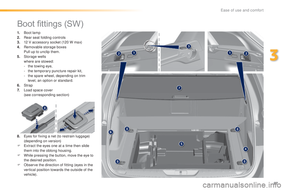 Peugeot 308 2016 Manual Online 87
308_en_Chap03_ergonomie-et-confort_ed02-2015
Boot fittings (SW)
1. Boot lamp
2. Rea r seat folding controls
3.
 12 V a

ccessory socket (120 W max)
4.
 Re

movable storage boxes
 Pu

ll up to uncli
