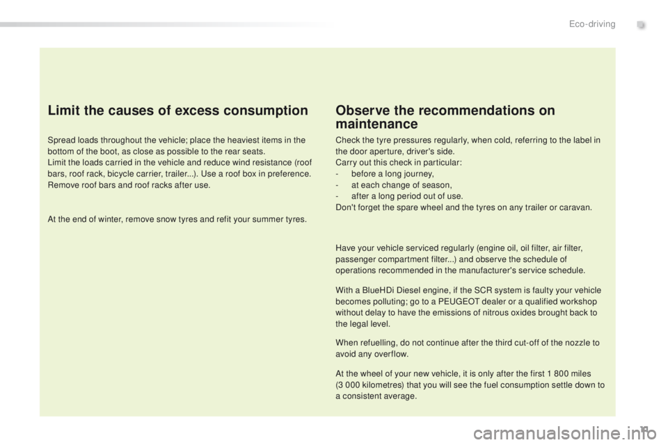 Peugeot 308 2016  Owners Manual - RHD (UK, Australia) 11
Limit the causes of excess consumption
Spread loads throughout the vehicle; place the heaviest items in the 
bottom of the boot, as close as possible to the rear seats.
Limit the loads carried in t