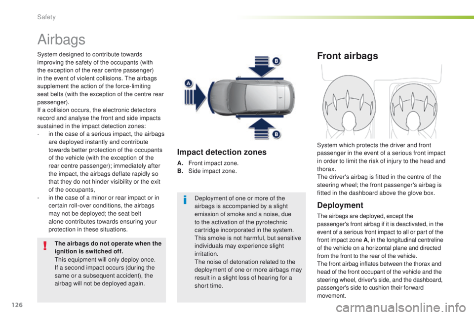 Peugeot 308 2016 Owners Manual - RHD (UK, Australia) 126
Airbags
System designed to contribute towards
improving the safety of the occupants (with
the exception of the rear centre passenger)
in the event of violent collisions. t
h
e airbags
supplem Peugeot 308 2016 Owners Manual - RHD (UK, Australia) 126
Airbags
System designed to contribute towards
improving the safety of the occupants (with
the exception of the rear centre passenger)
in the event of violent collisions. t
h
e airbags
supplem