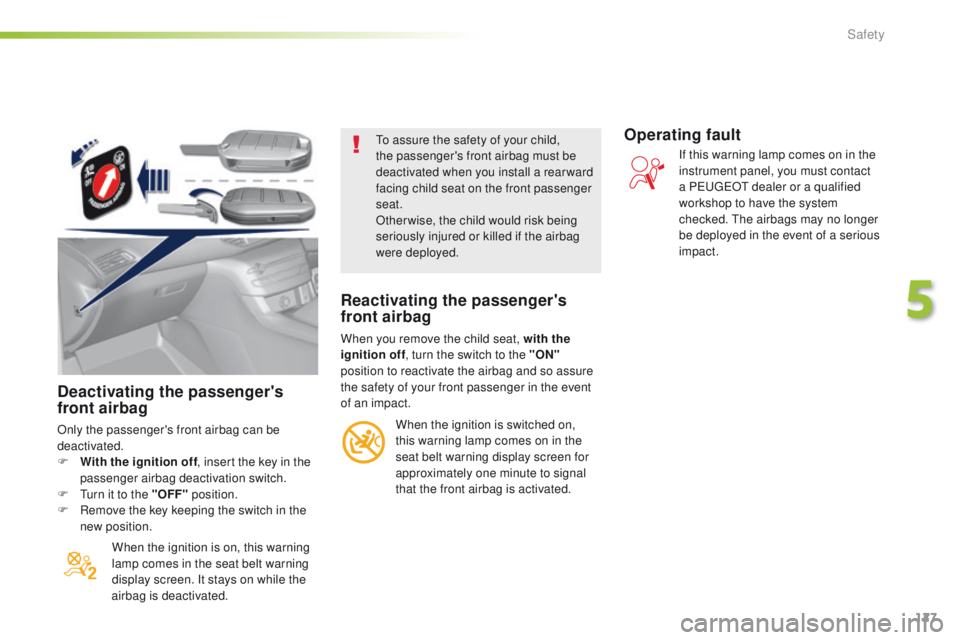Peugeot 308 2016 Owners Manual - RHD (UK, Australia) 127
Deactivating the passenger's
front airbag
Only the passenger's front airbag can be
deactivated.
F
W
ith the ignition off , insert the key in the
passenger airbag deactivation switch.
Peugeot 308 2016 Owners Manual - RHD (UK, Australia) 127
Deactivating the passenger's
front airbag
Only the passenger's front airbag can be
deactivated.
F
W
ith the ignition off , insert the key in the
passenger airbag deactivation switch.