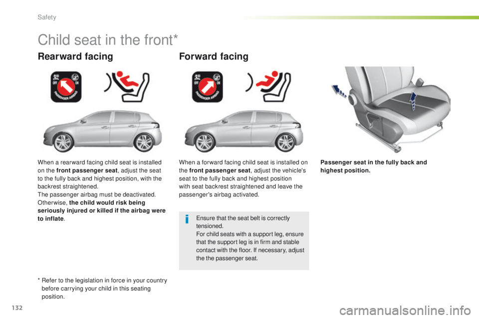 Peugeot 308 2016 Owners Manual - RHD (UK, Australia) 132
Passenger seat in the fully back and
highest position.
Rearward facing
Child seat in the front*
Forward facing
ensure that the seat belt is correctly
tensioned.
For child seats with a support le Peugeot 308 2016 Owners Manual - RHD (UK, Australia) 132
Passenger seat in the fully back and
highest position.
Rearward facing
Child seat in the front*
Forward facing
ensure that the seat belt is correctly
tensioned.
For child seats with a support le