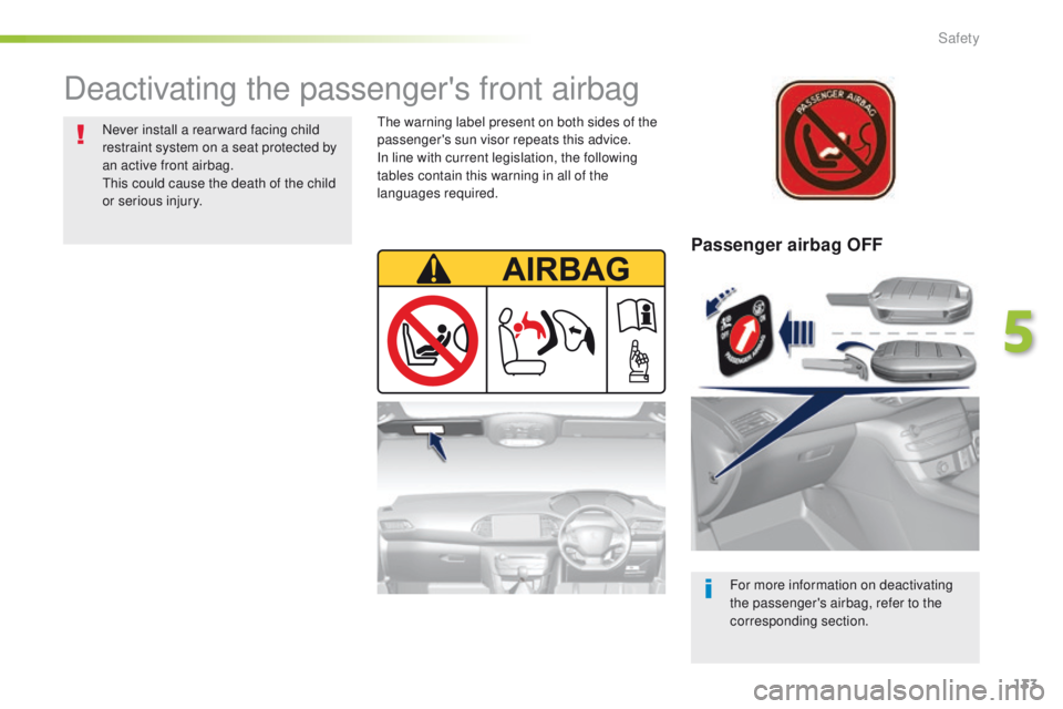 Peugeot 308 2016 Owners Manual - RHD (UK, Australia) 133
Passenger airbag OFF
For more information on deactivating
the passenger's airbag, refer to the
corresponding section.
Deactivating the passenger's front airbag
Never install a rear ward Peugeot 308 2016 Owners Manual - RHD (UK, Australia) 133
Passenger airbag OFF
For more information on deactivating
the passenger's airbag, refer to the
corresponding section.
Deactivating the passenger's front airbag
Never install a rear ward