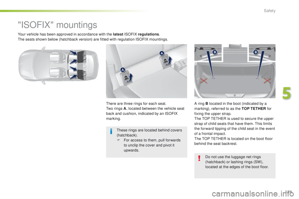 Peugeot 308 2016 Owners Manual - RHD (UK, Australia) 139
Your vehicle has been approved in accordance with the latest ISOFIX regulations.th
e seats shown below (hatchback version) are fitted with regulation ISOFIX mountings.
"ISOFIX" mountings
t Peugeot 308 2016 Owners Manual - RHD (UK, Australia) 139
Your vehicle has been approved in accordance with the latest ISOFIX regulations.th
e seats shown below (hatchback version) are fitted with regulation ISOFIX mountings.
"ISOFIX" mountings
t