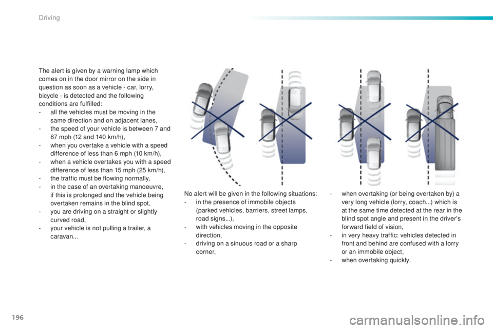 Peugeot 308 2016 Owners Manual - RHD (UK, Australia) 196
the alert is given by a warning lamp which
comes on in the door mirror on the side in
question as soon as a vehicle - car, lorry,
bicycle - is detected and the following
conditions are fulfill Peugeot 308 2016 Owners Manual - RHD (UK, Australia) 196
the alert is given by a warning lamp which
comes on in the door mirror on the side in
question as soon as a vehicle - car, lorry,
bicycle - is detected and the following
conditions are fulfill
