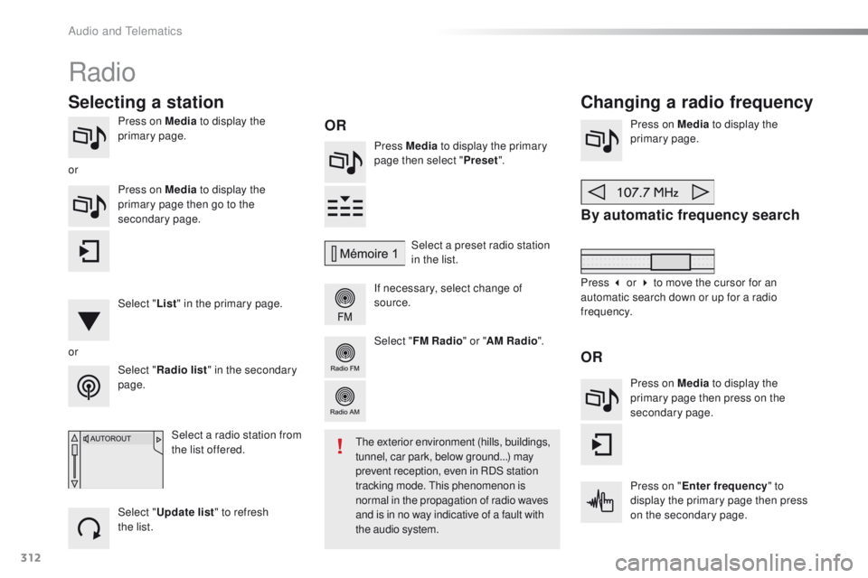 Peugeot 308 2016 Owners Manual - RHD (UK, Australia) 312
Press on Media to display the
primary page. Press Media to display the primary
page then select " Preset".
If necessary, select change of
source. Press on Media
to display the
primary Peugeot 308 2016 Owners Manual - RHD (UK, Australia) 312
Press on Media to display the
primary page. Press Media to display the primary
page then select " Preset".
If necessary, select change of
source. Press on Media
to display the
primary