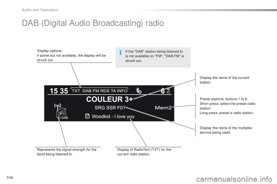 Peugeot 308 2016  Owners Manual - RHD (UK, Australia) 368
DAB (Digital Audio Broadcasting) radio
Display options:
if active but not available, the display will be 
struck out.Preset stations, buttons 1 to 6.
Short press: select the preset radio 
station.