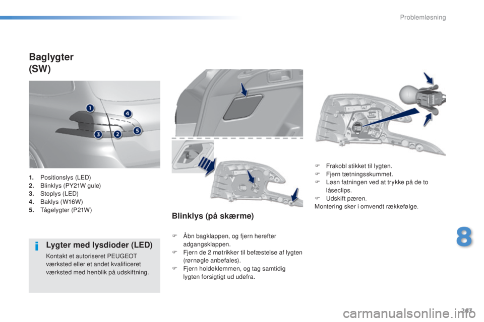 Peugeot 308 2016 Instruktionsbog (in Danish) 263
308_da_Chap08_en-cas-de-panne_ed02-2015
Baglygter
(SW)
Lygter med lysdioder (LED)
Kontakt et autoriseret Pe ugeot
værksted eller et andet kvalificeret
værksted med henblik på udskiftning.
Bl Peugeot 308 2016 Instruktionsbog (in Danish) 263
308_da_Chap08_en-cas-de-panne_ed02-2015
Baglygter
(SW)
Lygter med lysdioder (LED)
Kontakt et autoriseret Pe ugeot
værksted eller et andet kvalificeret
værksted med henblik på udskiftning.
Bl