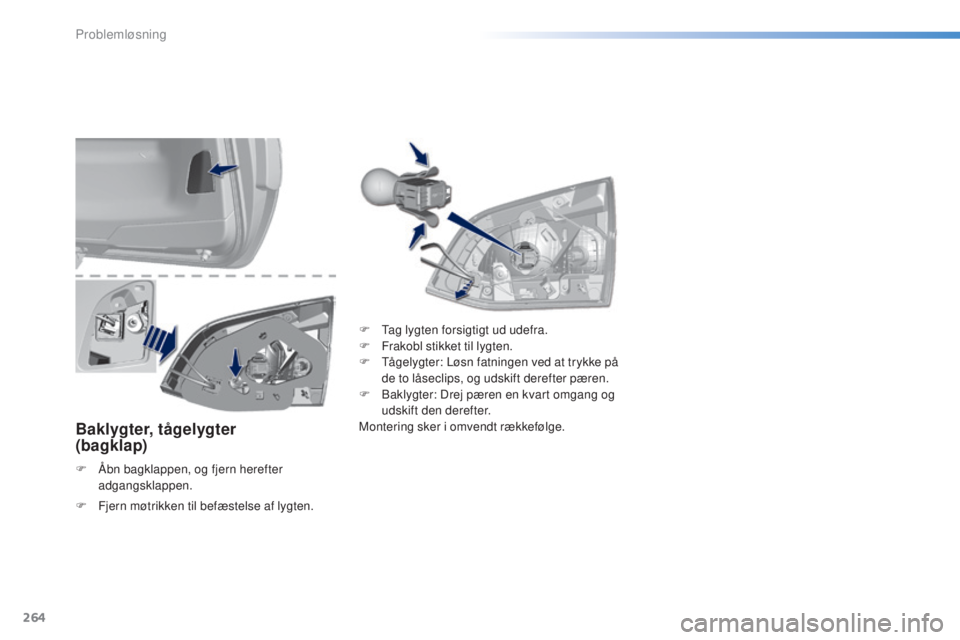 Peugeot 308 2016 Instruktionsbog (in Danish) 264
308_da_Chap08_en-cas-de-panne_ed02-2015
Baklygter, tågelygter
(bagklap)
F Åbn bagklappen, og fjern herefter
adgangsklappen. F
t
ag
lygten forsigtigt ud udefra.
F
F
rakobl stikket til l Peugeot 308 2016 Instruktionsbog (in Danish) 264
308_da_Chap08_en-cas-de-panne_ed02-2015
Baklygter, tågelygter
(bagklap)
F Åbn bagklappen, og fjern herefter
adgangsklappen. F
t
ag
lygten forsigtigt ud udefra.
F
F
rakobl stikket til l