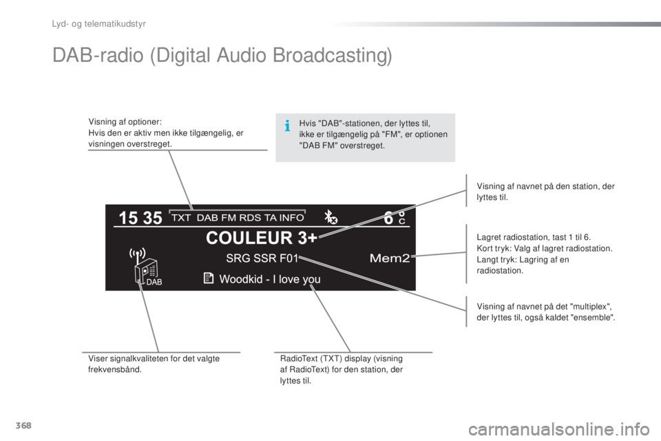 Peugeot 308 2016 Instruktionsbog (in Danish) 368
308_da_Chap10d_RD45_ed02-2015
DAB-radio (Digital Audio Broadcasting)
Visning af optioner:
Hvis den er aktiv men ikke tilgængelig, er
visningen overstreget.Lagret radiostation, tast 1
til 6.
Ko Peugeot 308 2016 Instruktionsbog (in Danish) 368
308_da_Chap10d_RD45_ed02-2015
DAB-radio (Digital Audio Broadcasting)
Visning af optioner:
Hvis den er aktiv men ikke tilgængelig, er
visningen overstreget.Lagret radiostation, tast 1
til 6.
Ko