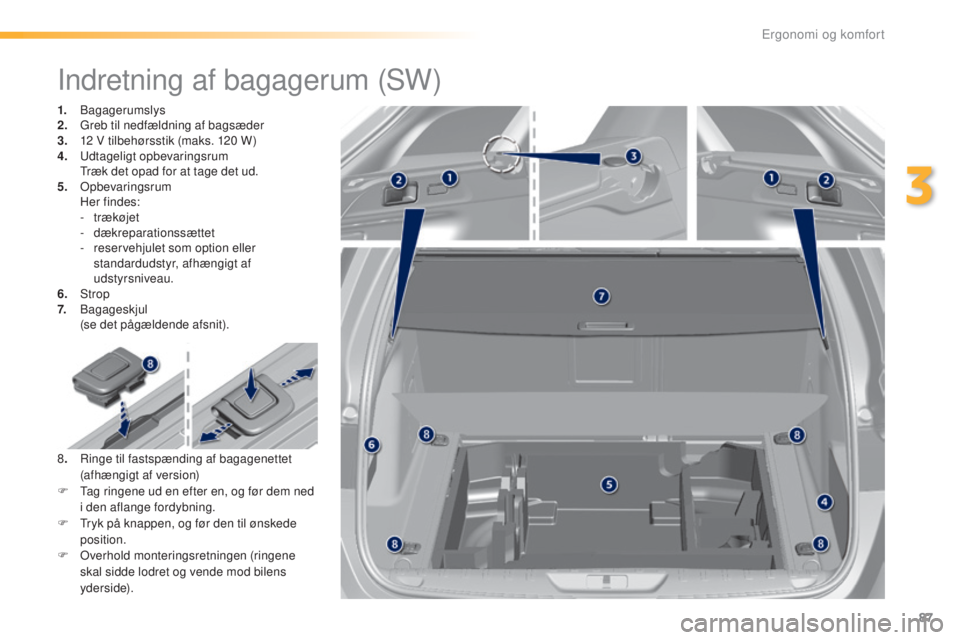 Peugeot 308 2016  Instruktionsbog (in Danish) 87
308_da_Chap03_ergonomie-et-confort_ed02-2015
Indretning af bagagerum (SW)
1. Bagagerumslys
2.  gre b til nedfældning af bagsæder
3.
 1

2 V tilbehørsstik (maks. 120 W)
4.
 

u dtageligt opbevari