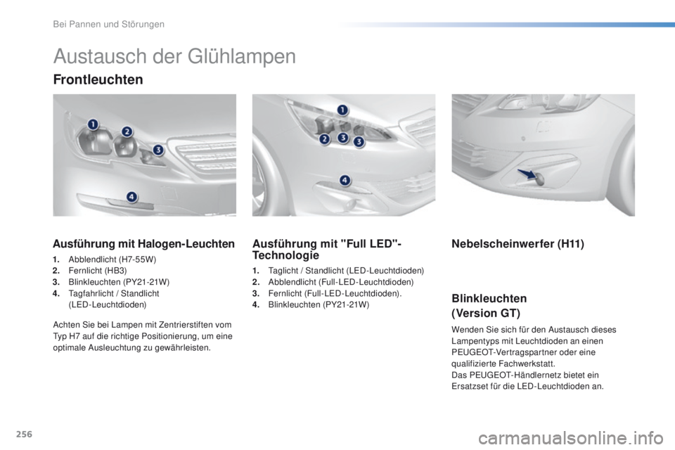 Peugeot 308 2016 Betriebsanleitung (in German) 256
308_de_Chap08_en-cas-de-panne_ed02-2015
Austausch der glü hlampen
Frontleuchten
Ausführung mit "Full LED"-
Technologie
1. taglicht / Standlicht (LeD -Leuchtdioden)
2. A bblendlicht (Full Peugeot 308 2016 Betriebsanleitung (in German) 256
308_de_Chap08_en-cas-de-panne_ed02-2015
Austausch der glü hlampen
Frontleuchten
Ausführung mit "Full LED"-
Technologie
1. taglicht / Standlicht (LeD -Leuchtdioden)
2. A bblendlicht (Full