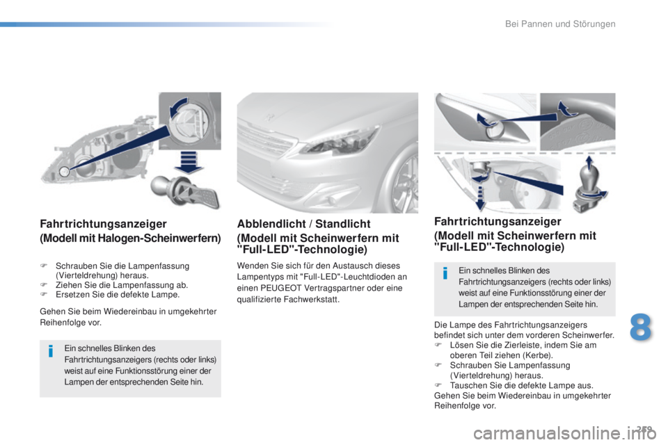 Peugeot 308 2016 Betriebsanleitung (in German) 259
308_de_Chap08_en-cas-de-panne_ed02-2015
gehen Sie beim Wiedereinbau in umgekehrter
Reihenfolge vor.
Fahrtrichtungsanzeiger
(Modell mit Halogen-Scheinwerfern)
ein schnelles Blinken des
Fahrtricht Peugeot 308 2016 Betriebsanleitung (in German) 259
308_de_Chap08_en-cas-de-panne_ed02-2015
gehen Sie beim Wiedereinbau in umgekehrter
Reihenfolge vor.
Fahrtrichtungsanzeiger
(Modell mit Halogen-Scheinwerfern)
ein schnelles Blinken des
Fahrtricht