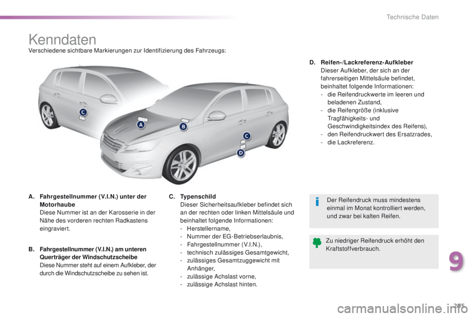 Peugeot 308 2016 Betriebsanleitung (in German) 295
308_de_Chap09_caracteristiques-techniques_ed02-2015
KenndatenVerschiedene sichtbare Markierungen zur Identifizierung des Fahrzeugs:
A.
F
ahrgestellnummer (V.I.N .) unter der
Motorhaube
D
Peugeot 308 2016 Betriebsanleitung (in German) 295
308_de_Chap09_caracteristiques-techniques_ed02-2015
KenndatenVerschiedene sichtbare Markierungen zur Identifizierung des Fahrzeugs:
A.
F
ahrgestellnummer (V.I.N .) unter der
Motorhaube
D