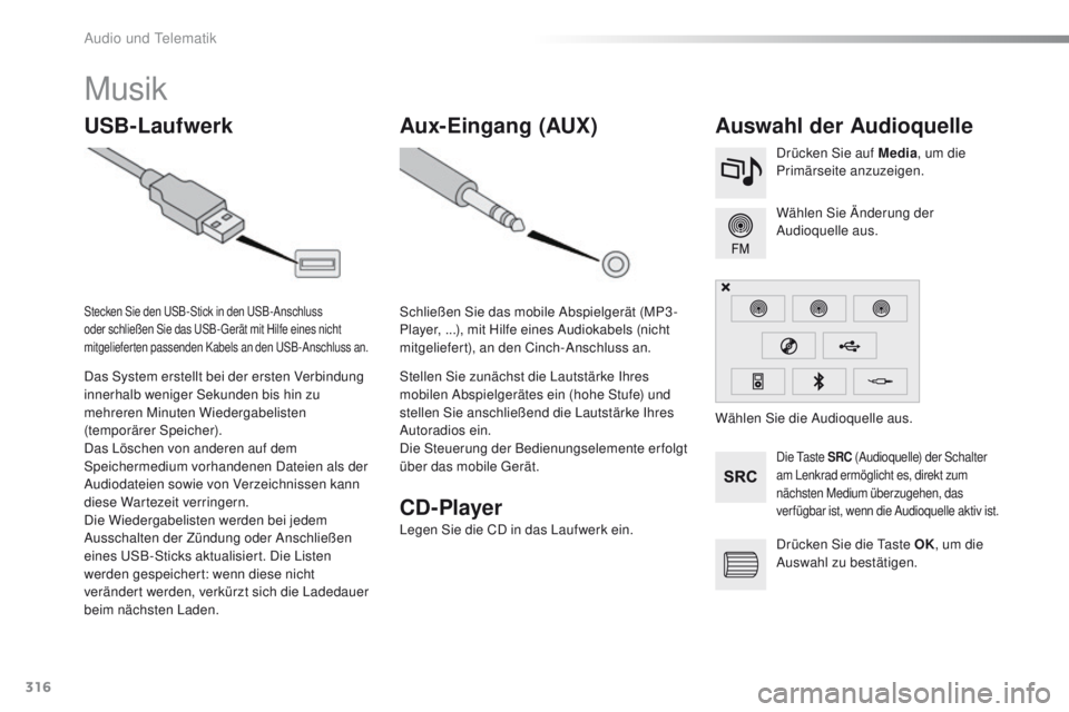 Peugeot 308 2016  Betriebsanleitung (in German) 316
308_de_Chap10c_SMegplus_ed02-2015
Musik
USB-LaufwerkAuswahl der Audioquelle
Die taste SRC (Audioquelle) der Schalter 
am Lenkrad ermöglicht es, direkt zum 
nächsten Medium überzugehen, das 
ver