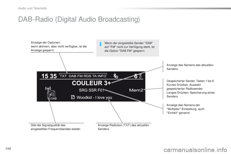Peugeot 308 2016 Betriebsanleitung (in German) 368
308_de_Chap10d_RD45_ed02-2015
DAB-Radio (Digital Audio Broadcasting)
Anzeige der Optionen:
wenn aktiviert, aber nicht ver fügbar, ist die
Anzeige gesperrt.
gespeicherter Sender, ta sten 1 bis 6 Peugeot 308 2016 Betriebsanleitung (in German) 368
308_de_Chap10d_RD45_ed02-2015
DAB-Radio (Digital Audio Broadcasting)
Anzeige der Optionen:
wenn aktiviert, aber nicht ver fügbar, ist die
Anzeige gesperrt.
gespeicherter Sender, ta sten 1 bis 6