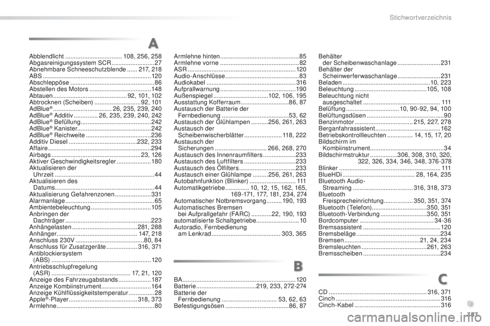 Peugeot 308 2016  Betriebsanleitung (in German) 383
308_de_Chap11_index-alpha_ed02-2015
Abblendlicht ................................. 108, 256, 258
Abgasreinigungssystem SCR  .........................27
Abnehmbare Schneeschutzblende
 ...... 21

7,