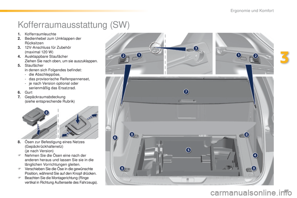 Peugeot 308 2016 Betriebsanleitung (in German) 87
308_de_Chap03_ergonomie-et-confort_ed02-2015
Kofferraumausstattung (SW)
1. Kofferraumleuchte
2. B edienhebel zum um klappen der
Rücksitzen
3.
1
2V-Anschluss für Zubehör
(maximal 120 W)
4.
Peugeot 308 2016 Betriebsanleitung (in German) 87
308_de_Chap03_ergonomie-et-confort_ed02-2015
Kofferraumausstattung (SW)
1. Kofferraumleuchte
2. B edienhebel zum um klappen der
Rücksitzen
3.
1
2V-Anschluss für Zubehör
(maximal 120 W)
4.