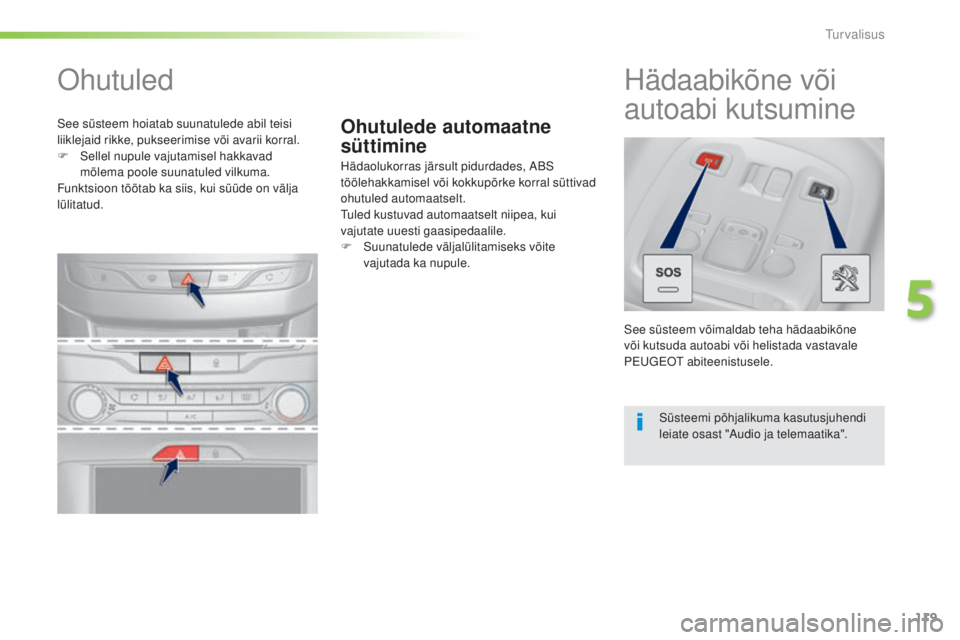 Peugeot 308 2016 Omaniku käsiraamat (in Estonian) 119
308_et_Chap05_securite_ed02-2015
Ohutulede automaatne
süttimine
ohutuled
Hädaolukorras järsult pidurdades, ABS
töölehakkamisel või kokkupõrke korral süttivad
ohutuled automaatselt.
tul
Peugeot 308 2016 Omaniku käsiraamat (in Estonian) 119
308_et_Chap05_securite_ed02-2015
Ohutulede automaatne
süttimine
ohutuled
Hädaolukorras järsult pidurdades, ABS
töölehakkamisel või kokkupõrke korral süttivad
ohutuled automaatselt.
tul