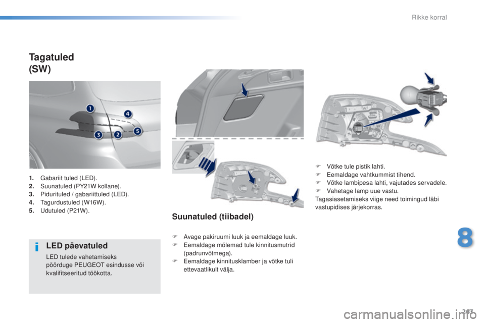 Peugeot 308 2016  Omaniku käsiraamat (in Estonian) 263
308_et_Chap08_en-cas-de-panne_ed02-2015
Ta g a t u l e d
(SW)
LED päevatuled
LeD tulede vahetamiseks 
pöörduge Pe
ugeot  esindusse või 
kvalifitseeritud töökotta.
Suunatuled (tiibadel)
F Ava