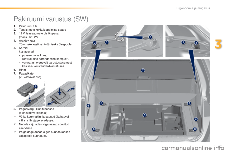 Peugeot 308 2016 Omaniku käsiraamat (in Estonian) 87
308_et_Chap03_ergonomie-et-confort_ed02-2015
Pakiruumi varustus (SW)
1. Pakiruumi tuli
2. ta gaistmete kokkuklappimise seade
3.
1
2 V lisaseadmete pistikupesa
(maks.
120 W)
4.
Ä
rakäiv k Peugeot 308 2016 Omaniku käsiraamat (in Estonian) 87
308_et_Chap03_ergonomie-et-confort_ed02-2015
Pakiruumi varustus (SW)
1. Pakiruumi tuli
2. ta gaistmete kokkuklappimise seade
3.
1
2 V lisaseadmete pistikupesa
(maks.
120 W)
4.
Ä
rakäiv k