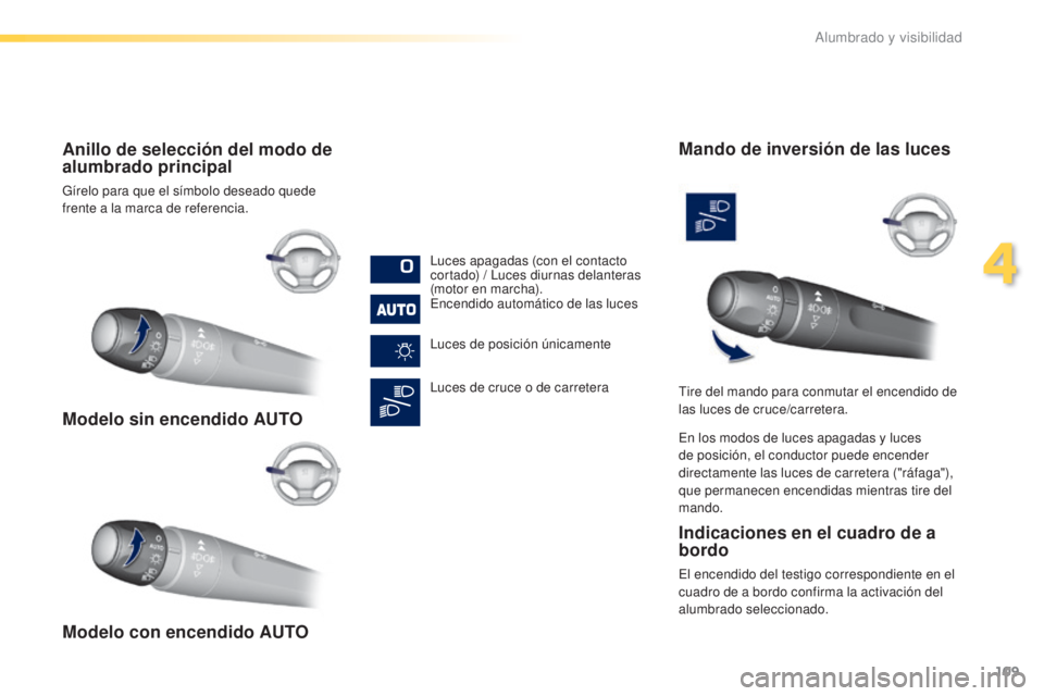 Peugeot 308 2016  Manual del propietario (in Spanish) 109
308_es_Chap04_eclairage-et-visibilite_ed02-2015
Modelo sin encendido AUTO
Modelo con encendido AUTO Anillo de selección del modo de 
alumbrado principal
Gírelo para que el símbolo deseado quede