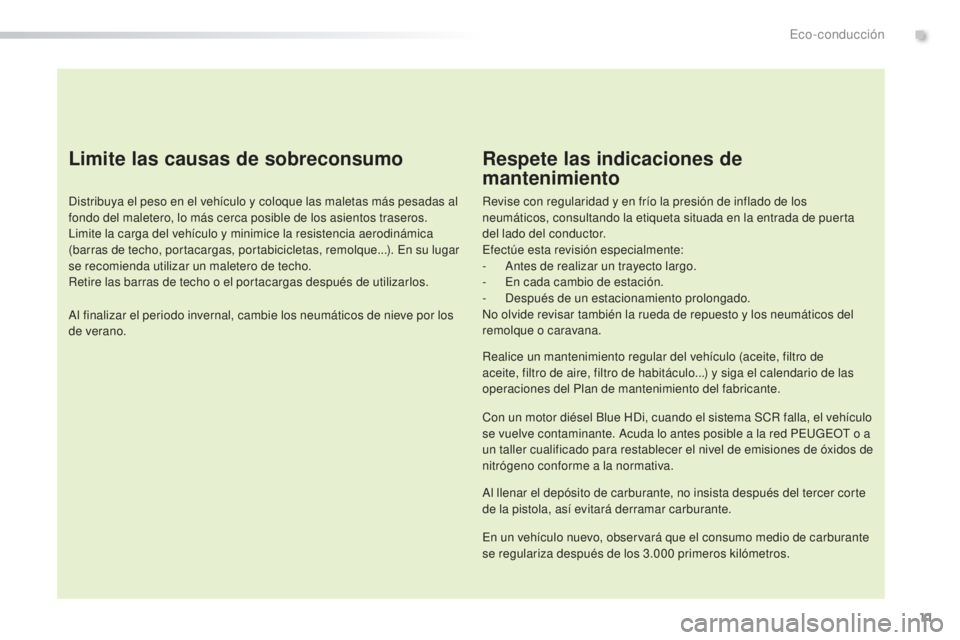 Peugeot 308 2016  Manual del propietario (in Spanish) 11
308_es_Chap00c_eco-conduite_ed02-2015
Limite las causas de sobreconsumo
Distribuya el peso en el vehículo y coloque las maletas más pesadas al 
fondo del maletero, lo más cerca posible de los as